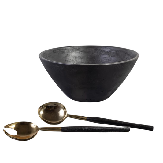 Mango Wood & Bronze Servers & Bowl Set