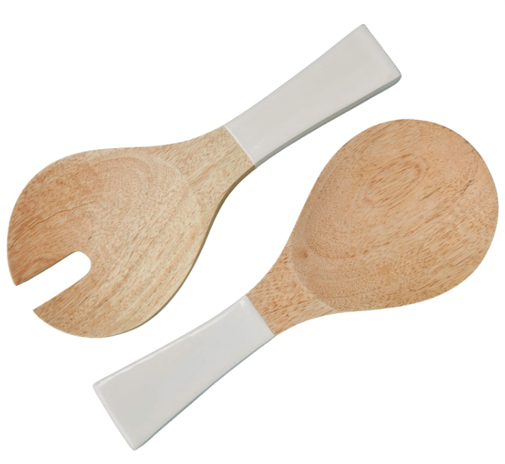 Short Mango Wood & White Enamel Servers