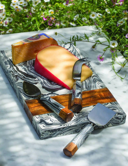 Zebra Marble & Wood Cheese Set